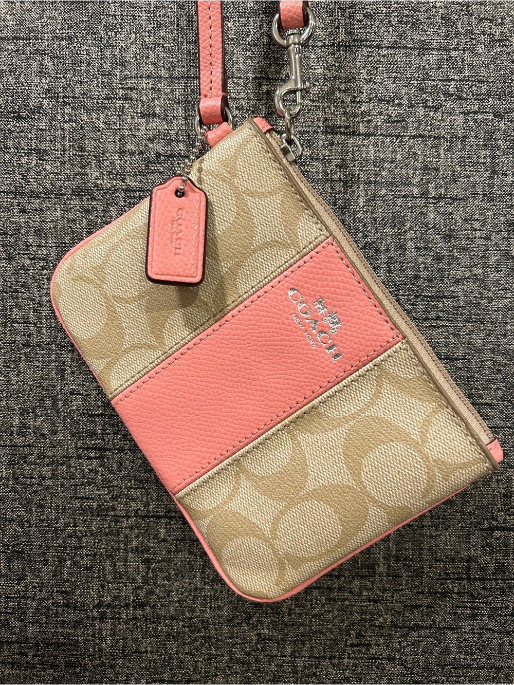 Coach Beige Signature Wristlet with Light Coral Leather Accent
